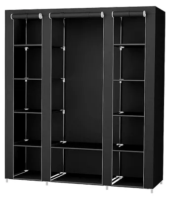 Produktbild von Textil Kleiderschrank - Faltschrank mit Metallgestell - 12 Fächer - 1 Kleiderstange - 175×150×45 cm - Schwarz