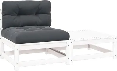 Productafbeelding van 2-delige loungeset voor de tuin met kussens. Wit grenenhout, massief. Tuinmeubelset, geschikt voor buiten, balkon of terras. Loungeset voor terras, balkon of tuin