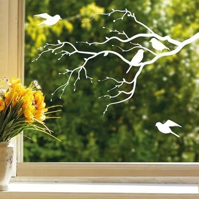 Produktbild von Wandtattoo Loft Fensterbilder Frühling - Weißer Zweig mit Vögeln, A4-Größe, wiederverwendbar - Fensterdekoration Selbstklebend, Fensterfolie