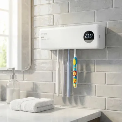 Produktbild von UV Zahnbürstenhalter: Hygienischer Sterilisator für 4 Bürsten, Wandmontage ohne Bohren, USB-Akku, LCD & Trocknung, weiss, 22cm
