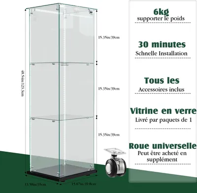 Produktbild von Glas Vitrine Sammelvitrine - A2 mit LED-Lichtleiste - 1-türig - 5 Einlegeböden - Modern minimalistisch - Selbstmontage - Schwarz