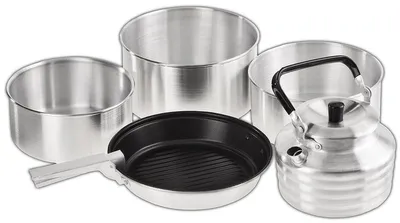 Zdjęcie produktu dla Zestaw do gotowania kempingowego, aluminiowy zestaw naczyń turystycznych składający się z 3 garnków i czajnika