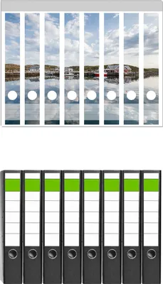 Produktbild von Wallario 8 Stück schmale Ordner inkl. Klebeetiketten mit Motive Kleine Siedlung am Meer -  Set mit Rückenschildern / Ordnerrücken Stickern