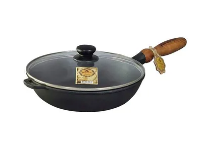 Produktbild von Gusseisenpfanne Ø24 cm 6 cm hoch mit Holzgriff & Glasdeckel MAYSTERNYA T304C3 – für Induktion & alle Herdarten