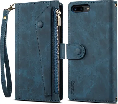 Produktbild von Schutzhülle für iPhone 8 Plus/7 Plus/6s Plus/6 Plus Reißverschluss Hülle, Leder Klapphülle Kartenfach Standfunktion Brieftasche mit Trageband Blau