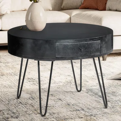 Produktbild von FineBuy Couchtisch Mango Massivholz Schwarz rund Ø 60 cm – Wohnzimmertisch mit Schublade & Hairpin Beinen | Retro Design Holztisch handgefertigt