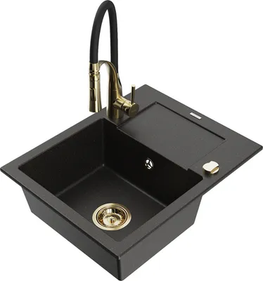Produktbild von Mexen Enzo 1 Becken-Granitspüle mit Abtropffläche und Mischbatterie Aster, Schwarz/Gold metallisch - 6506-75-73450-57-G