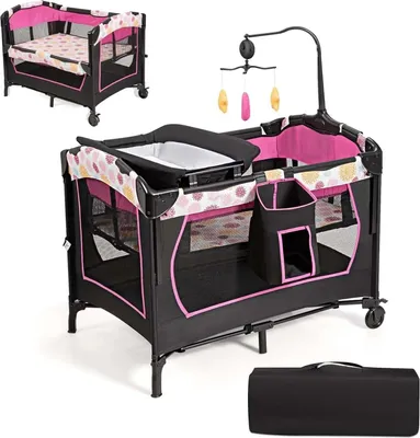 Produktbild von 4‑in‑1 Baby-Reisebett - Bett/Wickelauflage/Laufstall - Klappbar - 2 Ebenen Höhenverstellbar - Matratze & Tragetasche - Für 1–2 Jahre - Rosa