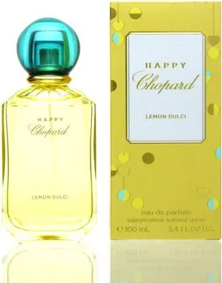 A bottle of Chopard Happy Chopard Lemon Dulci Eau de Parfum and its packaging are displayed side-by-side against a white background.