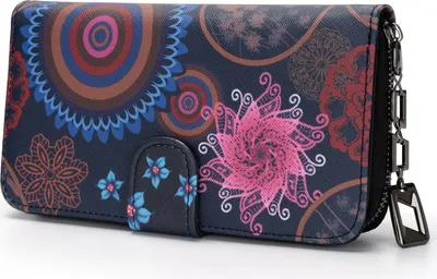 Produktbild von Mofut Geldbeutel Damen groß im Langformat, Geldbörse Damen mit Blumen und Blüten Muster im Mandala und Ethno Stil, Portemonnaie Damen mit Reißverschluss und Druckknopf und vielen Fächern (Mandala Black)