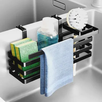 Produktbild von Spülbecken Organizer für Schwämme, Bürsten und Zubehör, Verstellbarer Schwammhalter Spülbecken und Lappenhalter Küche, Mehrfachfach-Aufbewahrung für Doppelspüle, Schneller Wasserablauf(Schwarz)