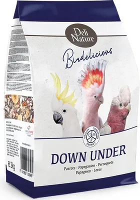 A bag of bird food with images of parrots on the front.