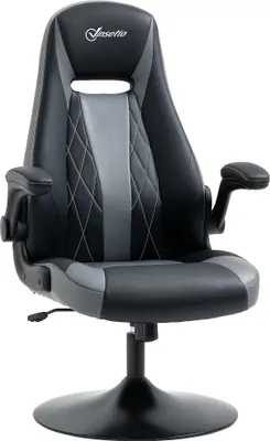 Produktbild von Vinsetto ergonomischer Gaming-Stuhl mit rundem Metallfuß, 360° drehbar, höhenverstellbar, verstellbarer Kopfstütze, hochklappbaren Armlehnen, grau/schwarzes PVC