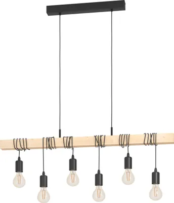 Produktbild von EGLO Pendellampe Townshend, 6 flammige Vintage Pendelleuchte im Industrial Design, Retro Hängelampe aus Stahl und Holz, Farbe: Schwarz, braun, E27