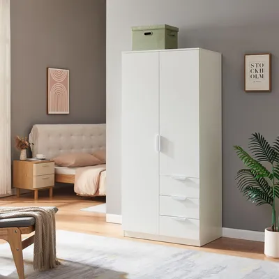 Produktbild von Kleiderschrank ’Eiselfing’ 176 x 80 x 52 cm mit 2 Türen, 1 Stange, 4 Fächern, 3 Schubladen Weiß