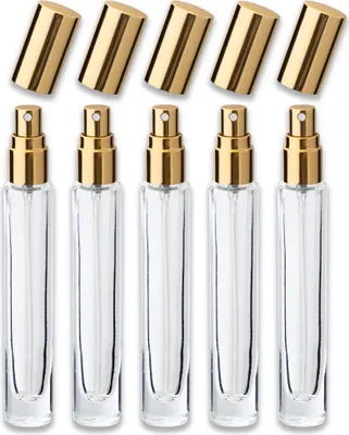 Produktbild von 5x Glasflasche klar 10 ml rund mit goldenem Zerstäuber Parfumflakon