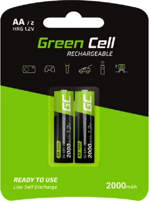 Produktbild von Green Cell 2000mAh 1.2V 2 Stck Vorgeladene NI-MH AA-Akkus - Akkubatterien AA/Mignon, sofort einsatzbereit, Starke Leistung, geringe Selbstentladung, wiederaufladbare Akku Batterie, ohne Memory-Effekt