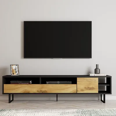 Immagine prodotto di Skye Decor, mobile TV moderno, nero e rovere, 180 x 44,7 x 29,8 cm | Pannello truciolare rivestito al 100% in melamina, spessore 18 mm | Installabile a parete, numerosi ripiani, design elegante.
