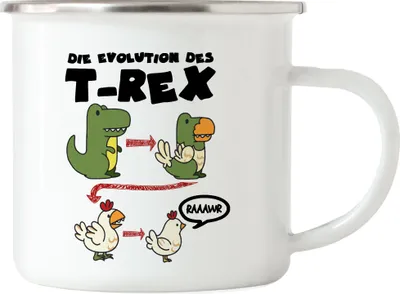 Produktbild von Die Evolution Des T-Rex Emaille Tasse Vom T-Rex Zum Huhn Dinosaurier Geschenkidee Lustig