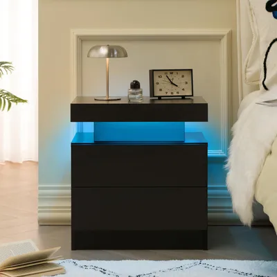 Immagine prodotto di Comodino 50 x 53 x 36 cm con illuminazione LED, 2 cassetti, vano aperto, nero