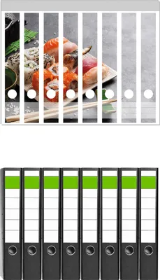 Produktbild von Wallario 8 Stück schmale Ordner inkl. Klebeetiketten mit Motive Sushi-Menü mit grünem Tee -  Set mit Rückenschildern / Ordnerrücken Stickern