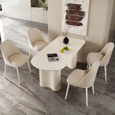 Obrázok produktu pre Jedálenský stôl s 4 čalúnenými stoličkami, biela farba, 180 cm. Minimalistický dizajn, úsporný priestor