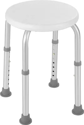 Zdjęcie produktu dla Medyczny stołek prysznicowy – okrągłe krzesełko do wanny – regulacja wysokości 36–54 cm – siedzisko 32 cm – antypoślizgowe nóżki – nośność do 136 kg – aluminium
