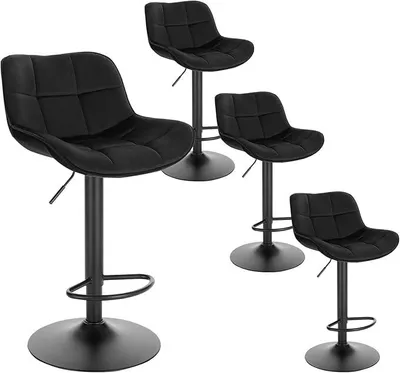 Produktbild von Barhocker 4er Set, höhenverstellbar 360° drehbar, Barstuhl mit Rückenlehne Fußstütze, Polsterhocker mit Samtbezug, ergonomischer Hocker im Bar, Sitz 49x36 cm, aus Metall, Schwarz