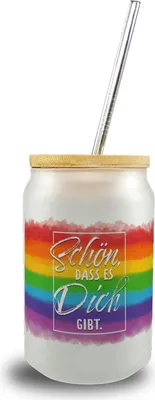 Produktbild von Schön, dass es Dich gibt Trinkglas mit Bambusdeckel mit Regenbogen