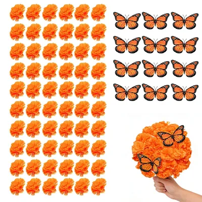 Kunstblumen-Set 62-tlg. – 50 Ringelblumen & 12 Monarchfalter