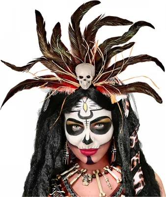 Produktbild von Voodoo Haarreifen mit Totenschädel & Federn als Kostümzubehör