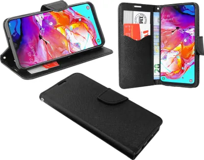 Produktbild von cofi1453® Buch Tasche "Fancy" kompatibel mit SAMSUNG GALAXY A70 (A705F) Handy Hülle Etui Brieftasche Schutzhülle mit Standfunktion, Kartenfach Schwarz