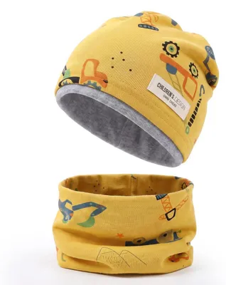 Produktbild von Mütze und Schal Set Kinder 2-8 Jahre Gelb 95% Baumwolle Schlauchschal Beanie Mädchen Jungen Frühling Herbst Winter