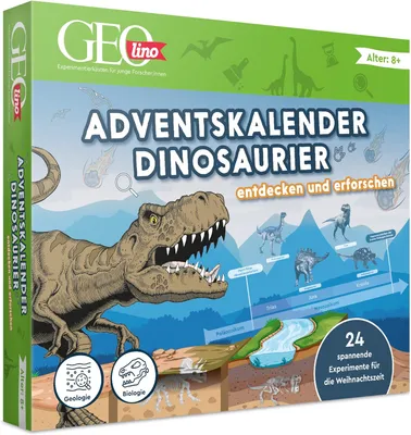 The image shows the front of a Geo lino Dinosaur Advent Calendar box, featuring a Tyrannosaurus Rex illustration and various dinosaur graphics.