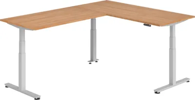 Produktbild von bümö Eckschreibtisch elektrisch höhenverstellbar L-Form - Gestell: Silber, Nachbildung: Nussbaum, Größe: Eckschreibtisch 180 x 240 cm