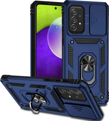 Image de Etui pour Samsung Galaxy A53 5G étui double couche avec cache caméra coulissant et anneau de support bleu