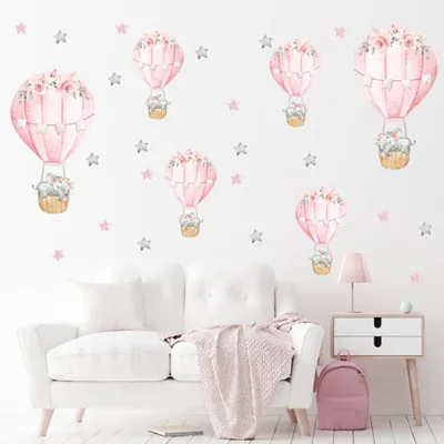 Produktbild von 30 x 90 cm Rosa schlafender Babyelefant mit Heißluftballon Wandsticker für Kinderzimmer