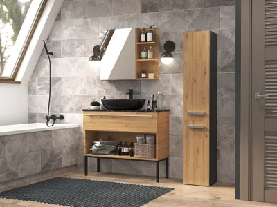 A bathroom vanity with a sink, mirror, and a tall storage cabinet.