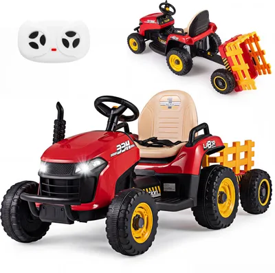 Immagine prodotto di Trattore per bambini COSTWAY 24V, trattore elettrico con telecomando, clacson, leva del cambio, musica, rimorchio ribaltabile e rimovibile e LED, per bambini dai 3 anni in su, rosso