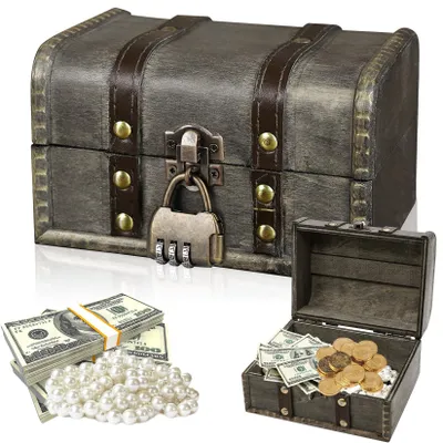 Image de Coffre en bois - Coffre avec serrure - Boîte de rangement - Gris - 16x12x9,5 cm