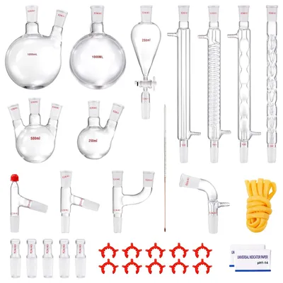 Productafbeelding van VEVOR Laboratoriumdestillatie set, 3.3-borosilicaatglas destillatie set met 24/40 aansluitingen, 1000 ml destillatieapparaat set voor etherische oliën, 32-delige set met glazen onderdelen