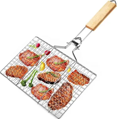 Produktbild von Grillrost - RVS Grillkorb - Barbecue - Fisch - Gemüse - Garnelen - Grillwerkzeug mit Holzgriff