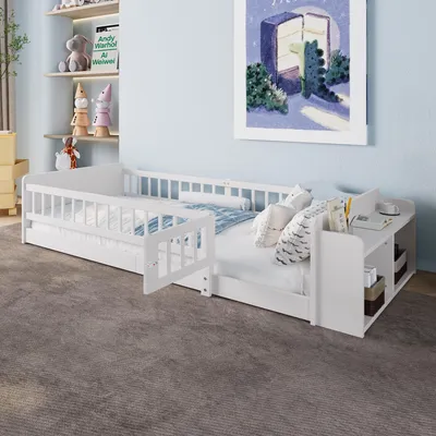 Zdjęcie produktu dla Łóżko drewniane Sweiko, łóżko dziecięce, 90 x 200 cm, drewno sosnowe, otwarty schowek, półki, otwierana szafka, bez materaca, białe