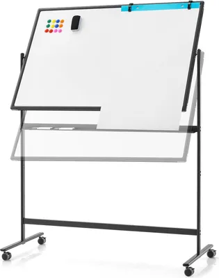 Zdjęcie produktu dla Tablica mobilna, dwustronna, 48 x 32 cale z czarnymi markerami, gumką, magnesami, 4 kółka z blokadą, tablica dwustronna z regulacją wysokości (czarna)