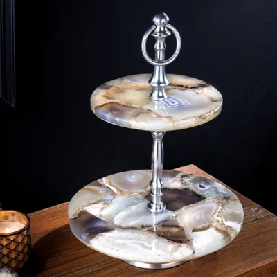Produktbild von riess-ambiente Deko Etagere NOBLE 35cm silber Edelstein Achat Quarz Aluminium Ablage Obstkorb Dekoration