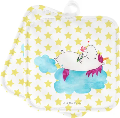 Produktbild von Mr. & Mrs. Panda Topflappen Einhorn Verliebt - Weiß - Geschenk, Kochlappen, 2er Set, Liebe, Einhörner, Wolke, topfhalter, Liebesbeweis, Freundin, Topfuntersetzer, Unicorn