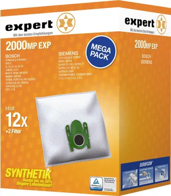 A product box for vacuum cleaner bags, showing the packaging and a sample bag.