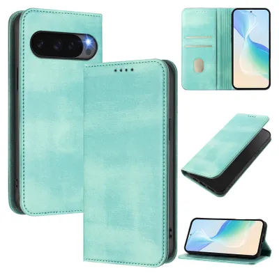 A collage of images showing a turquoise flip phone case from different angles, including its interior card slots and the phone inside.