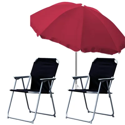 2x Campingstuhl Klappstuhl Schwarz + Sonnenschirm Ø180cm Rot