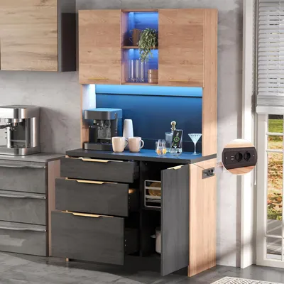 Immagine prodotto di Armadio alto da cucina, 100x40x180 cm, effetto cemento, colore nero, con illuminazione a LED e presa di corrente